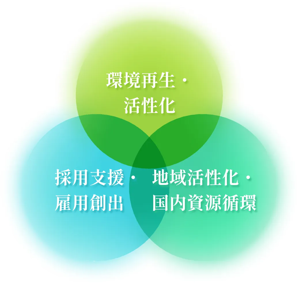 環境再生・活性化、採用支援・雇用創出、地域活性化のベン図